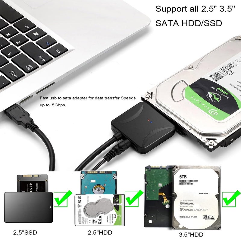 FRIGRAF كابل SATA عالي السرعة إلى USB 3.0، محول SATA إلى USB لـ 2.5”SSD و HDD، كابل SATA 2 في 1 نوع-C/نوع-A (USB إلى 2.5 3.5 SSD HDD مع طاقة) - Image 3